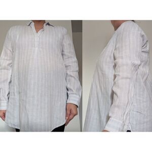 GAP Women’s Large Linen Blend Striped Tunic Shirt Blue White Henley Long Sleeve